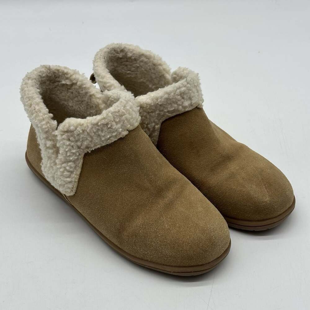 Minnetonka Lyndy Tan Suede Sherpa Lined Bootie House Slippers Women's Size 8M